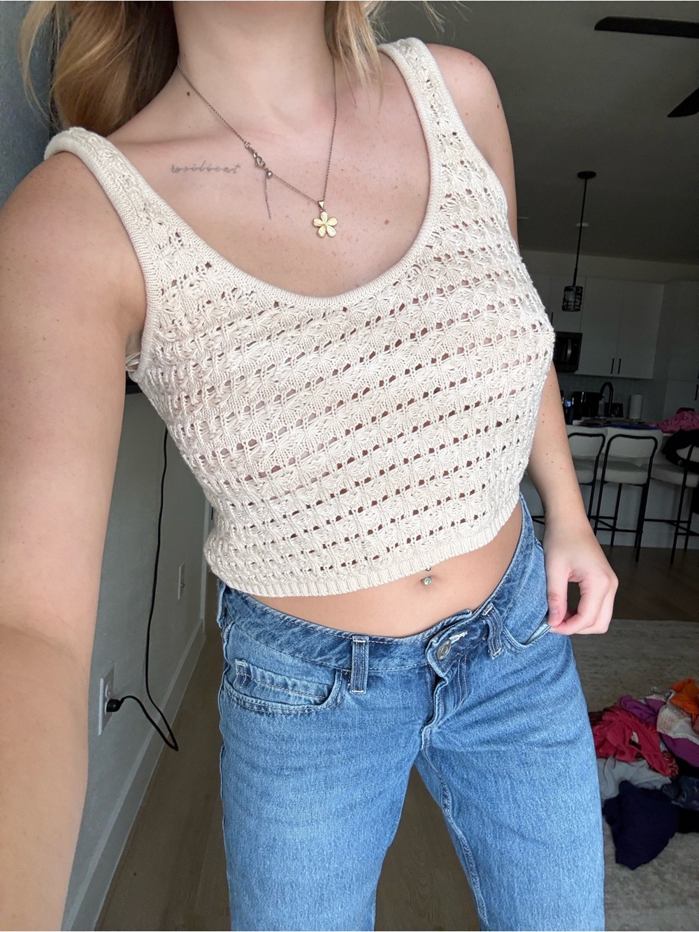 Billabong Cream Crochet Knit Tank Top